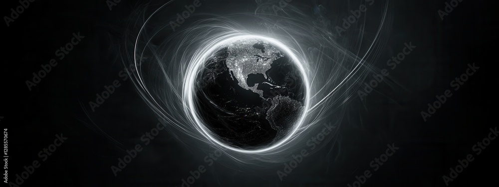 Poster dark and ethereal globe with swirling energy around planet earth in cosmic background