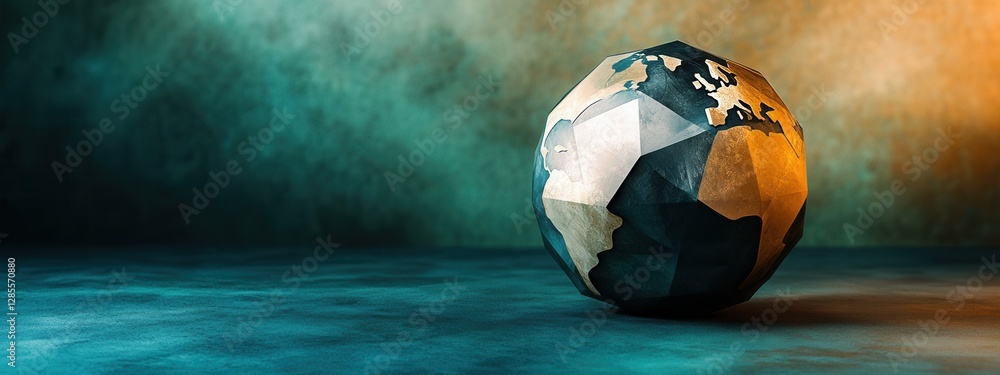 Poster geometric abstract globe representation on a textured background with warm and cool tones