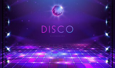 Disco party showcase background with neon dance floor, disco ball and spot light beams. Disco ball background. Vector illustration