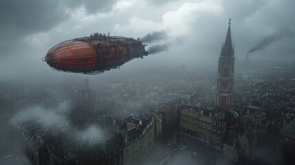 Fototapeta premium Steampunk Airship Soaring Over Foggy Cityscape