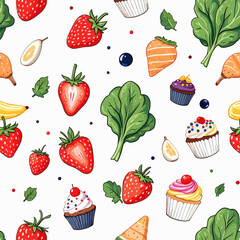 a variety of fruits and desserts, including strawberries, blueberries, carrots, bananas, and cupcakes, all set against a white background.
