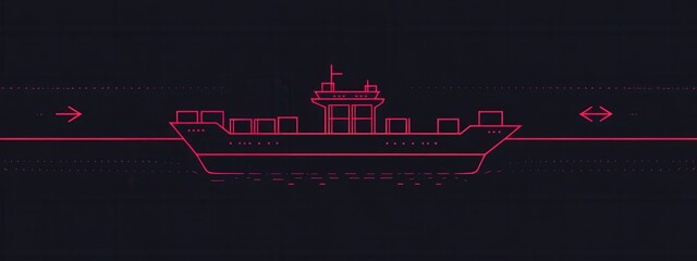 Obraz premium Minimalistic Outline of a Cargo Ship on Dark Background with Neon Accents and Arrows