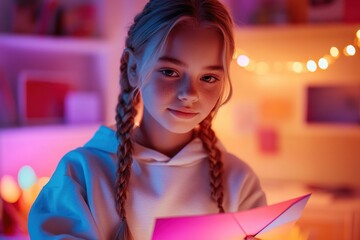 Girl with braids reading a colorful letter in a softly lit room during evening hours