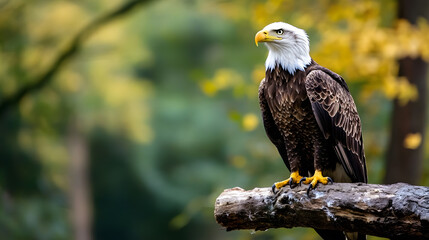 Majestic Bald Eagle Perched on Wooden Branch Surrounded by Nature Splendor : Generative AI