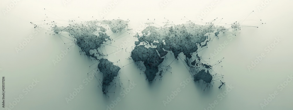 Poster abstract world map illustration with connected nodes and geometric lines in soft tones