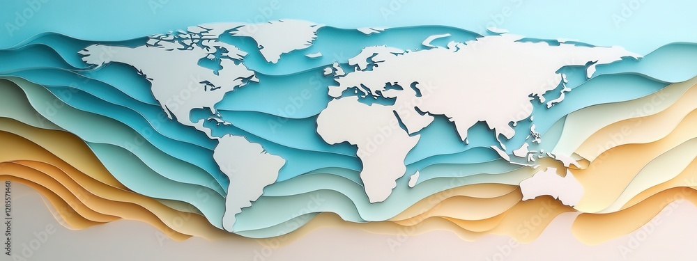 Poster abstract layered world map illustration with soft waves and ocean tones in light color palette