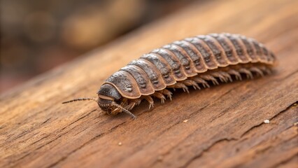 Millipede on Wood: A close-up shot showcases the intricate details of a millipede crawling on weathered wood, highlighting its segmented body and delicate antennae.