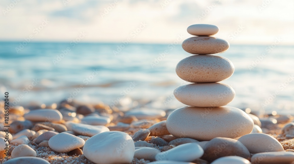 Aufkleber tranquil stack of smooth pebbles on a serene beach with gentle waves in background
