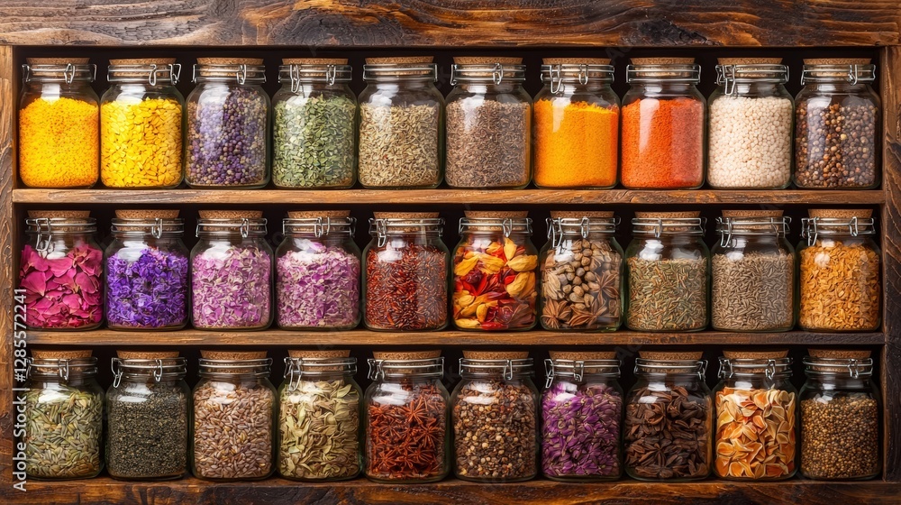 Poster a vibrant culinary collection of jars displaying an array of colorful spices neatly arranged on shel