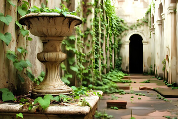 A charming garden scene featuring a stone vase with ivy creeping up the wall, creating a rustic, natural ambiance, with the green vines adding life to the stone structure.