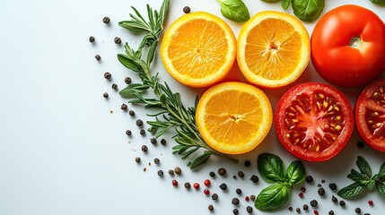 Fresh fruits, vegetables, herbs, and spices are arranged on a clean white background.