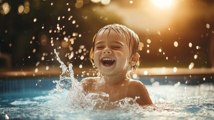 Child joyfully splashes water in pool, radiating pure happiness.
