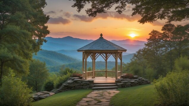 Serene Sunset Over Gazebo in Mountains