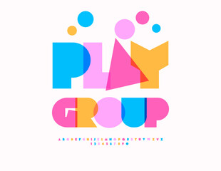 Vector Entertainment Emblem Play Group. Kids Colorful Font. Bright Geometric Alphabet Letters and Numbers set.