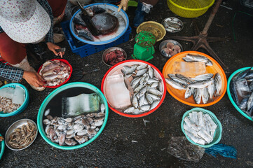 fresh fish and shrimp at the Asian Seafood Street Market in Asia in Vietnam