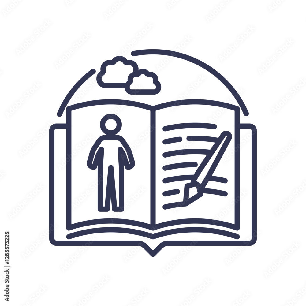Poster open book with a figure and writing, symbolizing self-reflection and identity exploration.