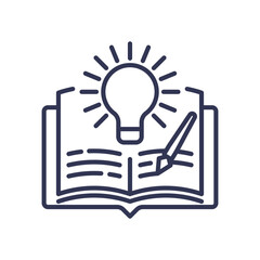 Open book with lightbulb and pencil symbolizes knowledge and innovation.