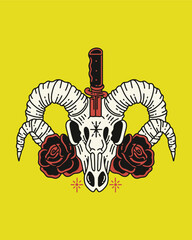 Goat Skull with Dagger and Roses – Gothic Vector Illustration