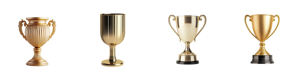 Four different golden trophies and awards representing achievement success and victory in various competitions and sports events  The trophies are shiny metallic