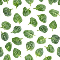 Vibrant pattern of fresh spinach leaves creating a lush, green tapestry on a crisp white backdrop. Generative AI