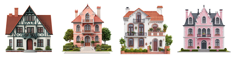 Charming historic townhouses and cottages with ornate facades tudor style timber frames and red tiled roofs lining a quaint picturesque street in a traditional European village or town  Scenic