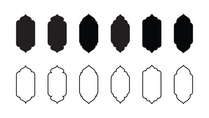 Elegant traditional islamic window shapes in oriental style. Ramadan design frames. Set of black silhouette eid mubarak and ramadan design. Arabic muslim architecture elements. Vector illustration