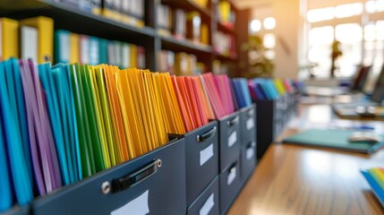 Vibrant file drawer in a contemporary office bathed in natural light for enhanced workspace appeal