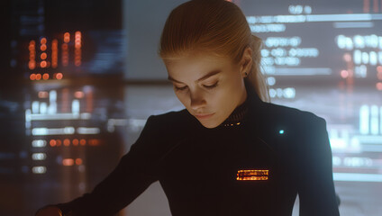 Futuristic female scientist analyzing data high-tech lab digital interface sci-fi environment close-up shot