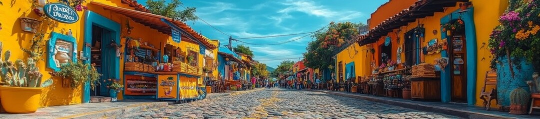 Vibrant Street in Colonial Mexican Town with Cobblestone Path. Generative AI