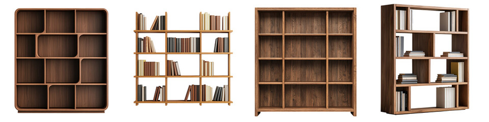 Assortment of wooden bookshelves with various compartments and shelves showcasing an organized collection of books in a modern minimalist interior design setting