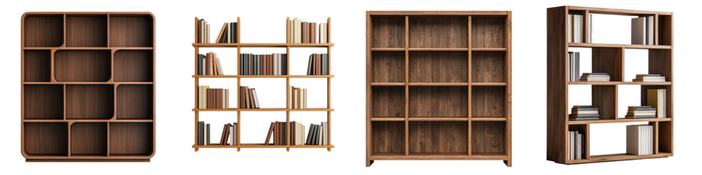 Assortment of wooden bookshelves with various compartments and shelves showcasing an organized collection of books in a modern minimalist interior design setting