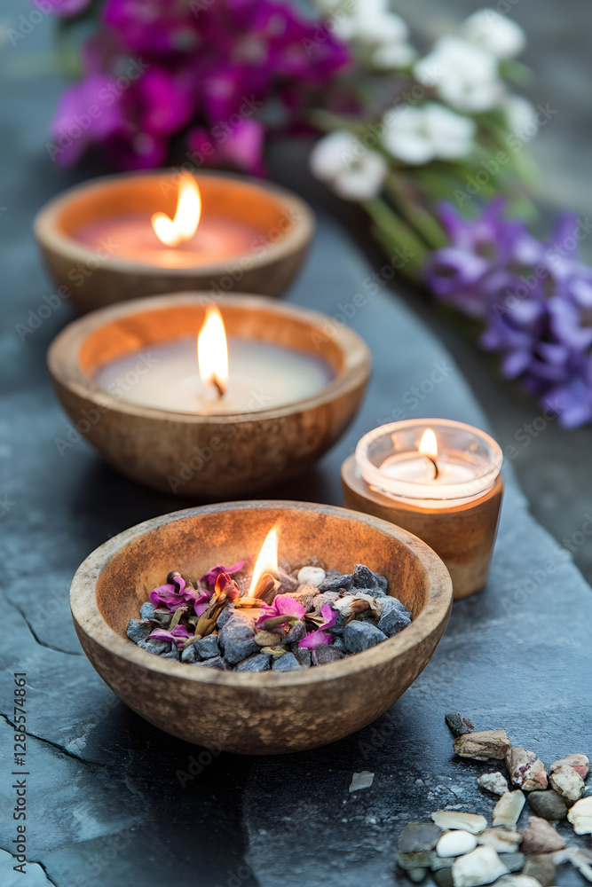 Poster tranquil spa setting with lit scented candles and vibrant flowers for relaxation : generative ai
