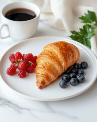 Delicious Croissant with Berries & Coffee - Minimalist food Photography