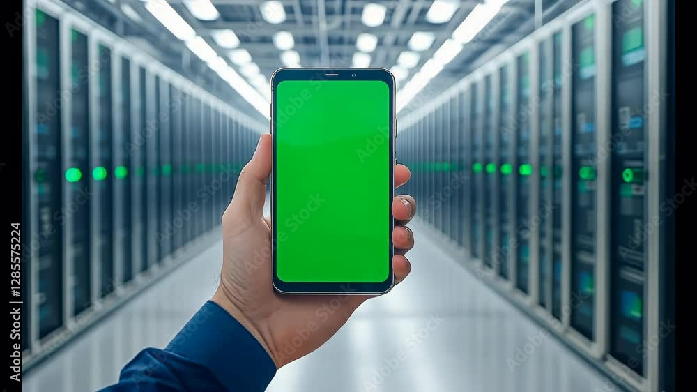Poster hand holding smartphone with green screen in data center showcasing technology and connectivity amon