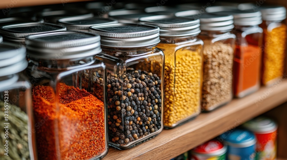 Aufkleber organized shelf showing a varied collection of jars filled with spices in a modern culinary setting