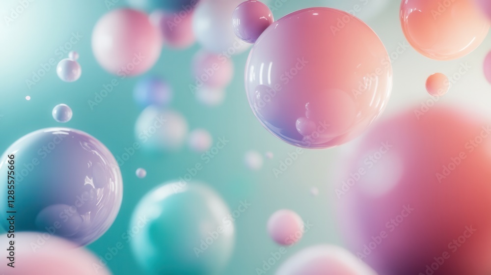 Poster colorful floating spheres in abstract space with soft lighting and gradient background