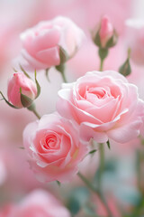 Close Up of Beautiful Soft Pink Roses in Full Bloom with Delicate Petals : Generative AI