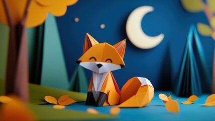 An origami fox sitting under a stylized paper moon with forest scene of folded trees and leaves.