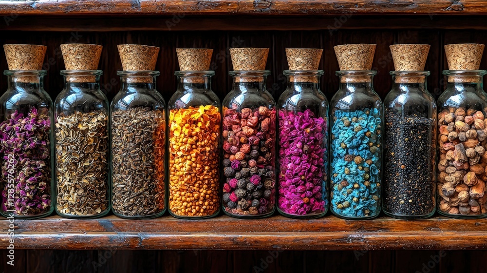 Poster a well-organized shelf displaying an assortment of colorful spice bottles in various sizes and shape