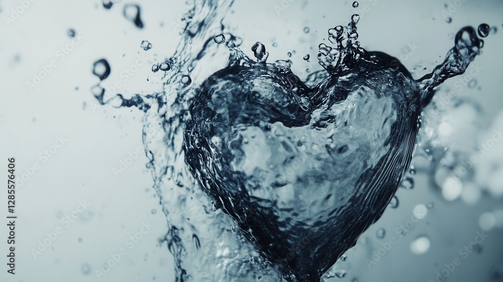 Poster heart shape splash in water with dynamic motion and glimmering bubbles capturing love symbolism