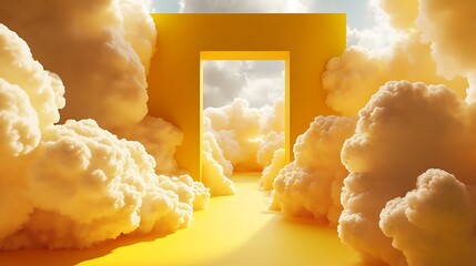 Exploring a bright yellow portal through fluffy clouds surreal environment