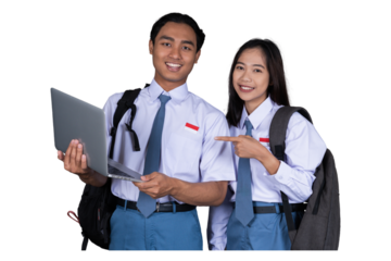 Indonesian Male and Female High School Student in Uniform Smiling While Holding a Laptop Isolated Transparent