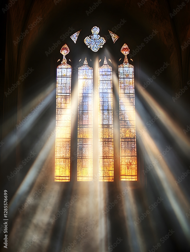 Aufkleber sunlight streaming through stained glass in darkened cathedral : generative ai