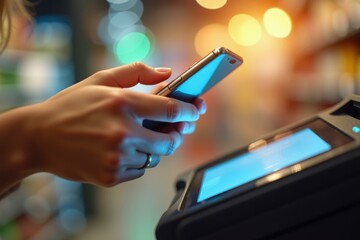 Woman is using her cell phone while standing at cash register
