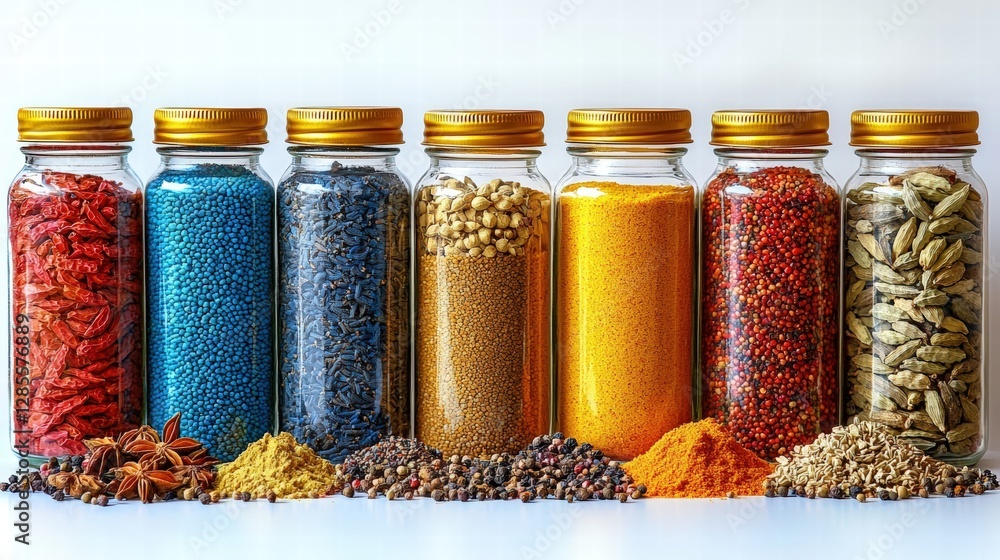Poster an array of spices displayed in small containers capturing the diversity of flavors and aromas