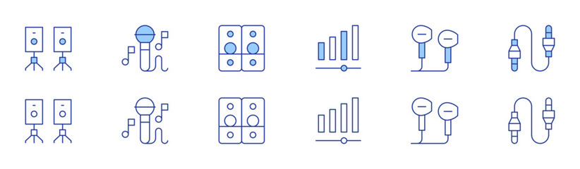 Audio icon set in two styles, Duotone and Thin Line style. Editable stroke. speakers, microphone, loudspeaker, volume, headphones, audio jack