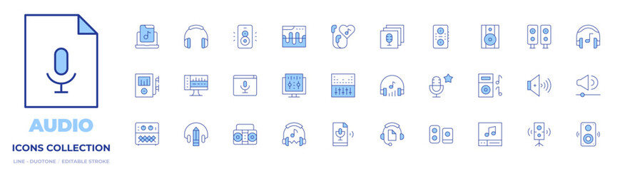 Audio icons collection. Line Duotone style, editable stroke. speaker, radio, podcast, earphones, favorite, amplifier, mp player, sound, music, speakers, audio