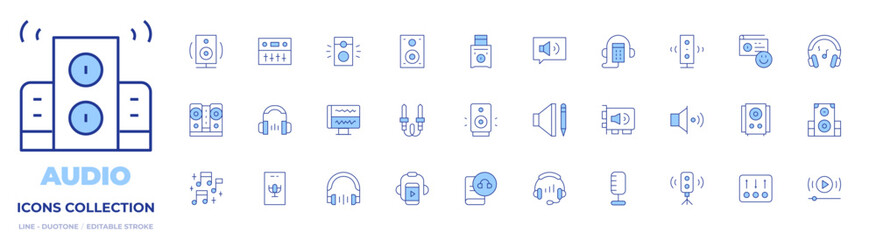 Audio icons collection. Line Duotone style, editable stroke. subwoofer, speaker, radio, controller, music, audiobook, woofers, headset, audio, audio jack, video