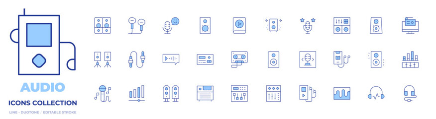 Audio icons collection. Line Duotone style, editable stroke. speakers, microphone, audiobook, cassette, headphones, loudspeaker, mixing table, speaker, mixer