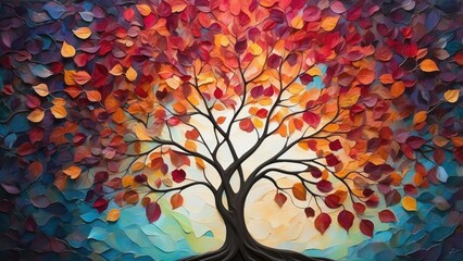 a tree with colorful leaves on a white background with the words